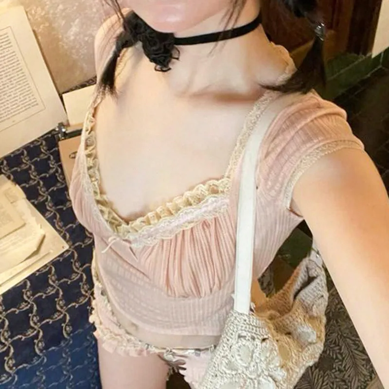 Pure Lace Splicing Chest Type Skinny Thread Knitted Blouse 2025 Square Neckline Lace Spicy T-Shirt Girl - Image 3