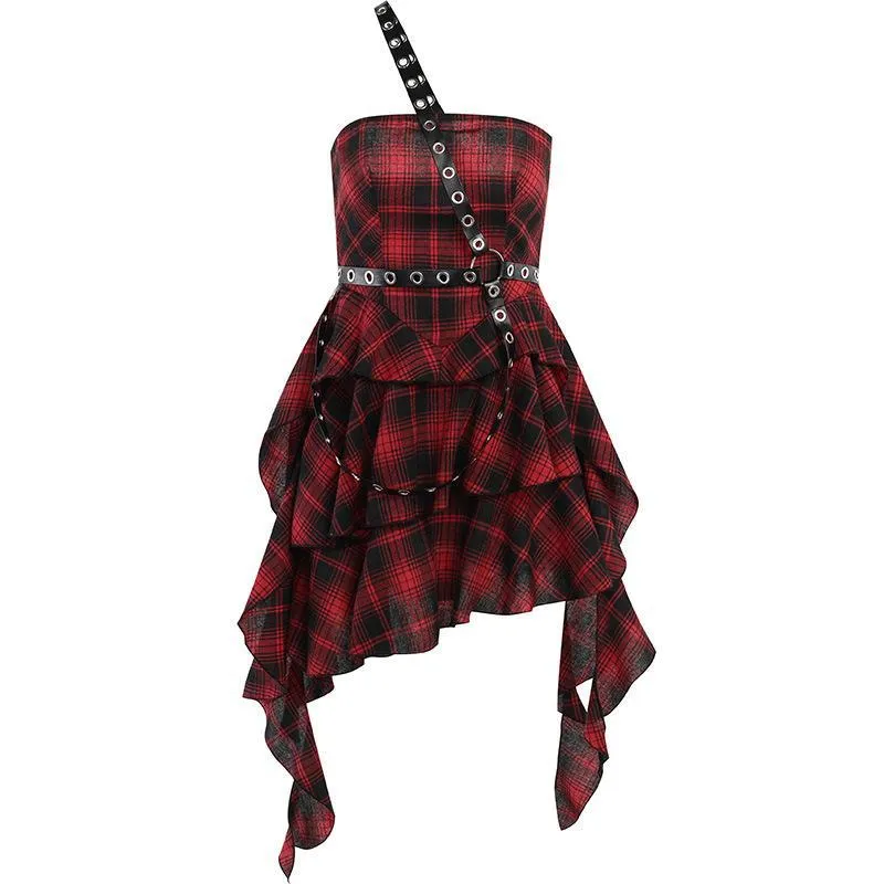 Znbbw Dark Dress Spring New Sweet Cool Plaid Spicy Girl Irregular Breast Dress