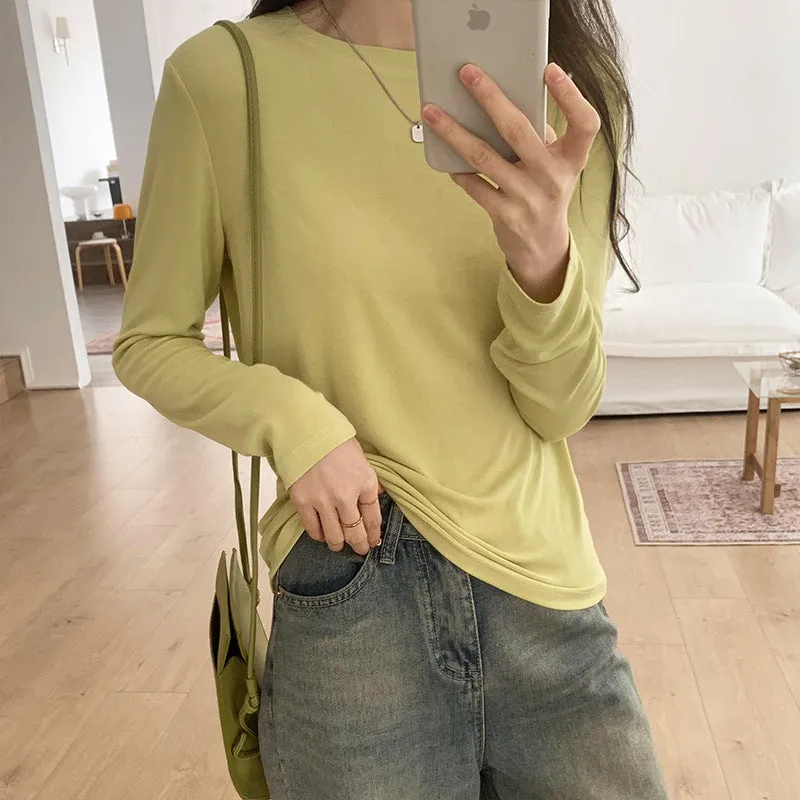 Znbbw Mask T-Shirt Women's Spring And Autumn New Style With White Basic Solid Color Slim Stretch Bottom Blouse - Image 2