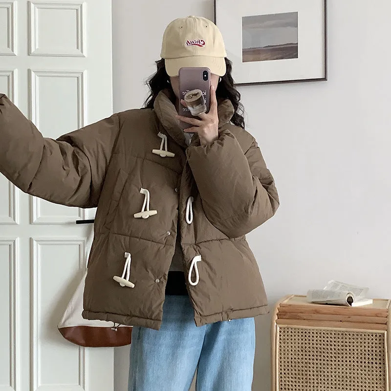 New Winter Down Cotton Jacket Women's Short Jacket Small Korean Horn Button Milk Fufu Cotton-Padded Jacket - Image 3