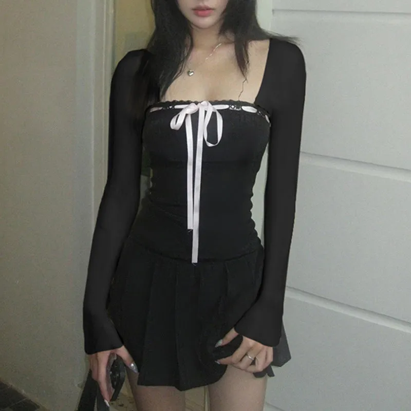 French Court Style Square-Necked Dress 2024 Spring And Summer New Style Bowknot Temperament Age-Reducing Small Black Dress - Image 4