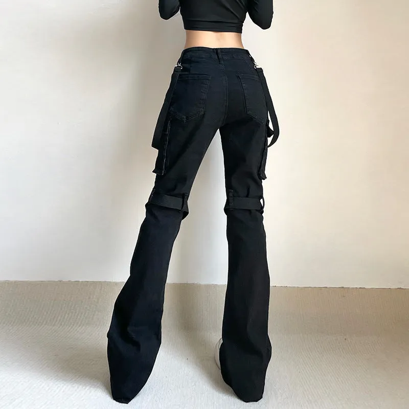 2024Ins Early Summer New Ribbon Design Metal Leg Ring Pocket Straight Tube Flared Trousers Denim Trousers Girls - Image 2