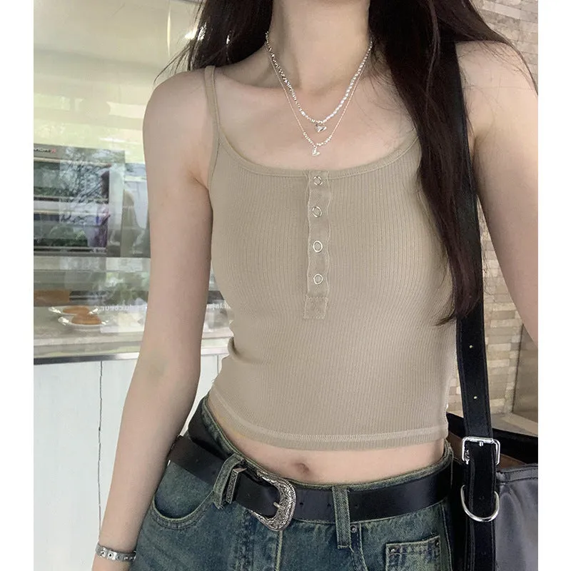 Spicy Girls Platoon Buckle Knitted Sling Vest Women's Spring And Summer New Tight And Thin Inner Jacket With Short Style - Image 4
