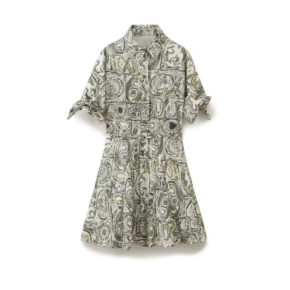 Znbbw New Printed Lapel Shirt Dress With Belt Cuffs Bow Tie For Women 2183047