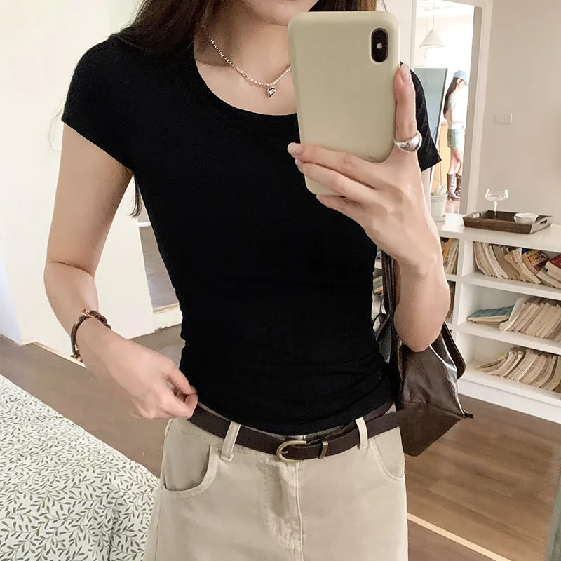 Pure Sexy U-Collar Shoulder Short-Sleeved T-Shirt Girls 2024 Summer New Spicy Girls Wear Slim European Blouses - Image 2