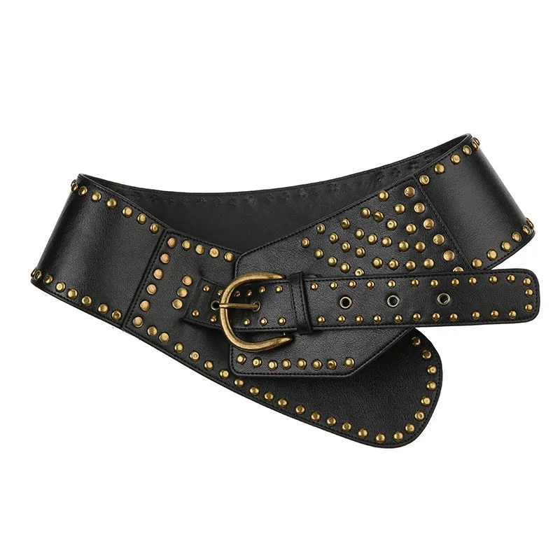 Retro Corns Personality Leather Wide Belt Cool Punk Rivet Splicing Decoration 2025 Summer New Girls