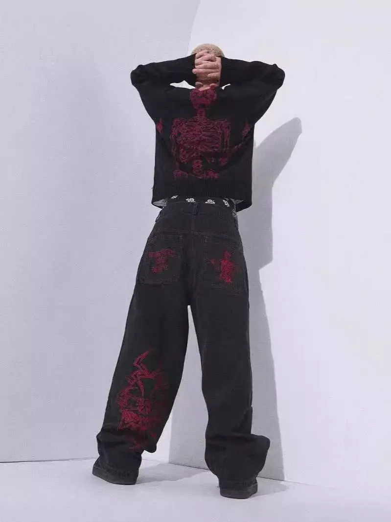 Znbbw Year Y2K Jeans Men's Wear Hip-Hop Retro Skull Water Washed Loose Jeans Casual Wide-Legged Pants - Image 8