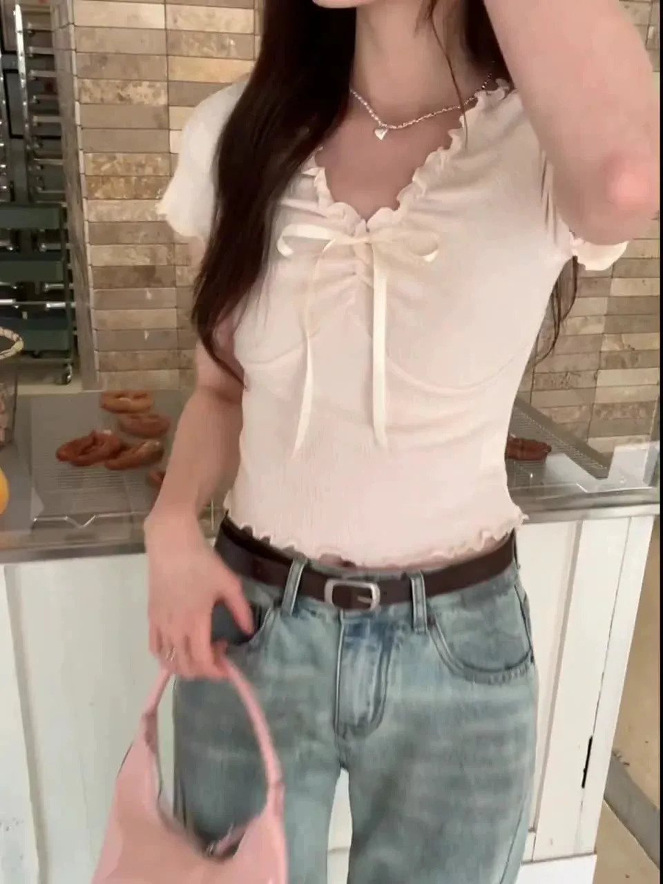 French Style V-Neck Wooden Ear Pleated Short-Sleeved T-Shirt A New Short-Style Foreign-Style Waist Blouse For Women In Summer - Image 10