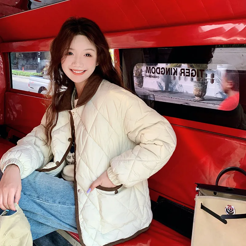 Small Fragrant Wind Diamond Lapel Cotton Coat Female Layer Sense Short Small Loose Lapel Cotton Jacket With Cotton Coat - Image 5