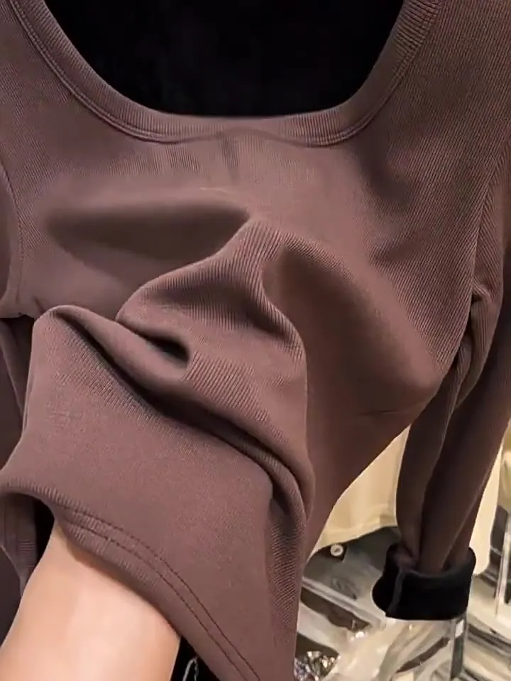 Znbbw Plush Underwear With White Bottomed T-Shirt With Low Round Neck And Long Sleeves In Autumn And Winter Integrated Velvet Warm Blouse - Image 10