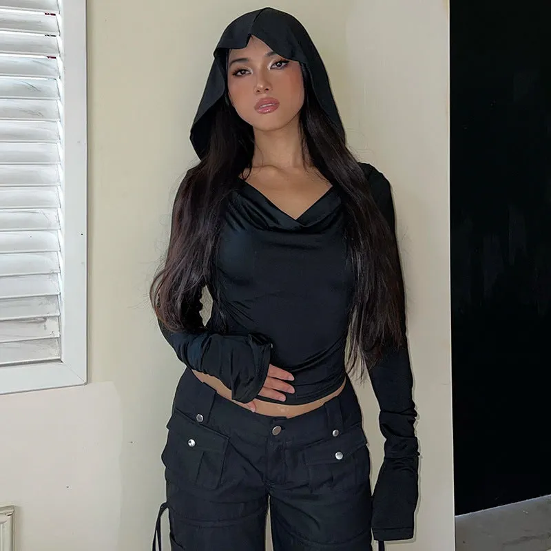 Dark, Windy Collar, Shoulder Sexy, Hooded Blouse, 2025 Slim, Solid Color, Long-Sleeved T-Shirt. - Image 6