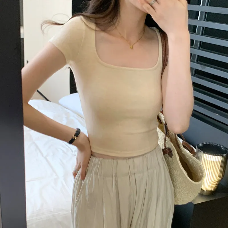 Large Square Collar Design Small Solid Color T-Shirt Women's Short Sleeves Show Thin Exposed Collarbone Short Style Sweet Hot Style Blouse - Image 3