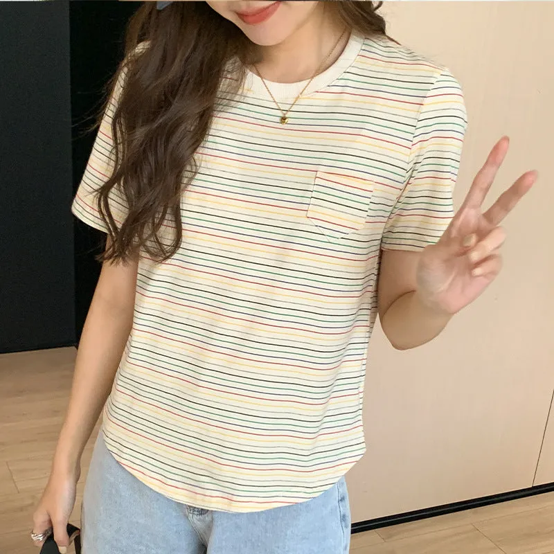 College Style Rainbow Striped Round-Neck T-Shirt Women's Summer Loose Style Vintage Blouse Design Sense Minority - Image 4