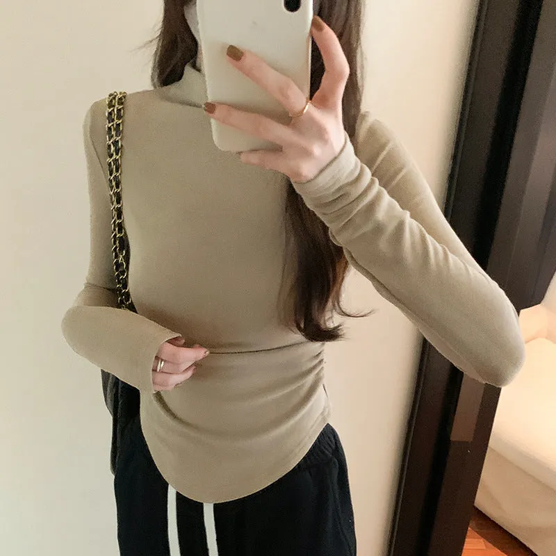 Znbbw Collar Head Pure Desire Long-Sleeved Pleated Blouse Women's Autumn And Winter New Tight Waist Shirt
