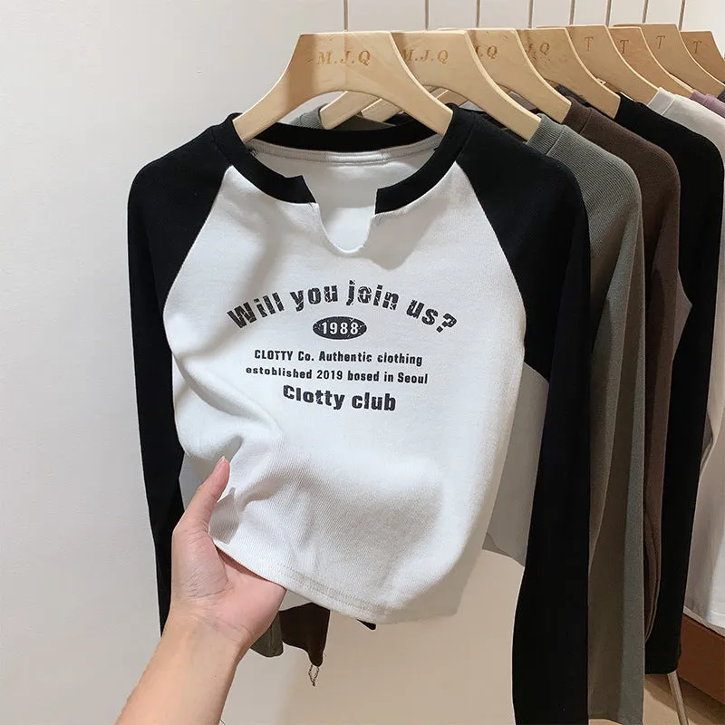 European Shoulder V-Collar T-Shirt Women's Long-Sleeved Spring And Autumn Decoration With Threaded Bottomed Shirt And Short High-Waist Chic Blouse - Image 4