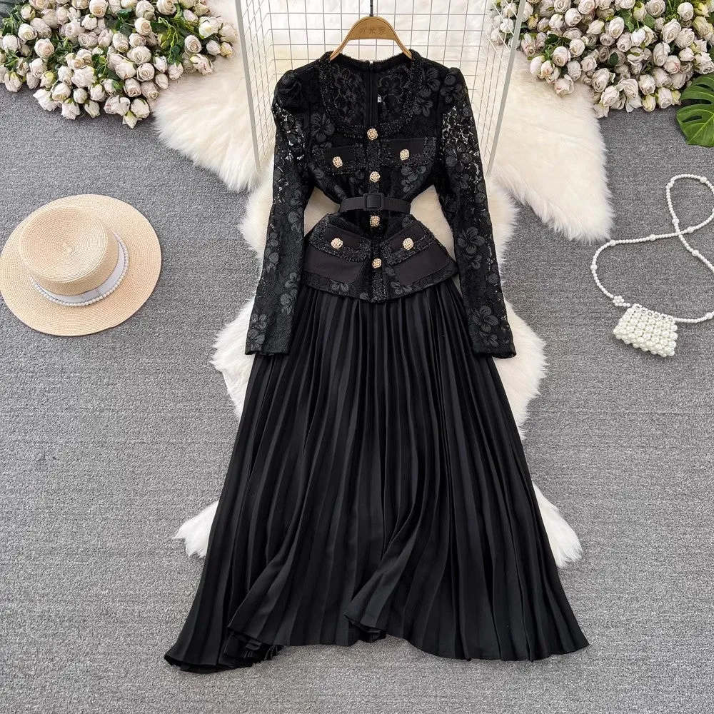 Znbbw And Autumn Korean Version Of Socialite Temperament Fake Two Long-Sleeved Square Collar Lace Receiving Waist A Large Swinging Pleated Dress - Image 2