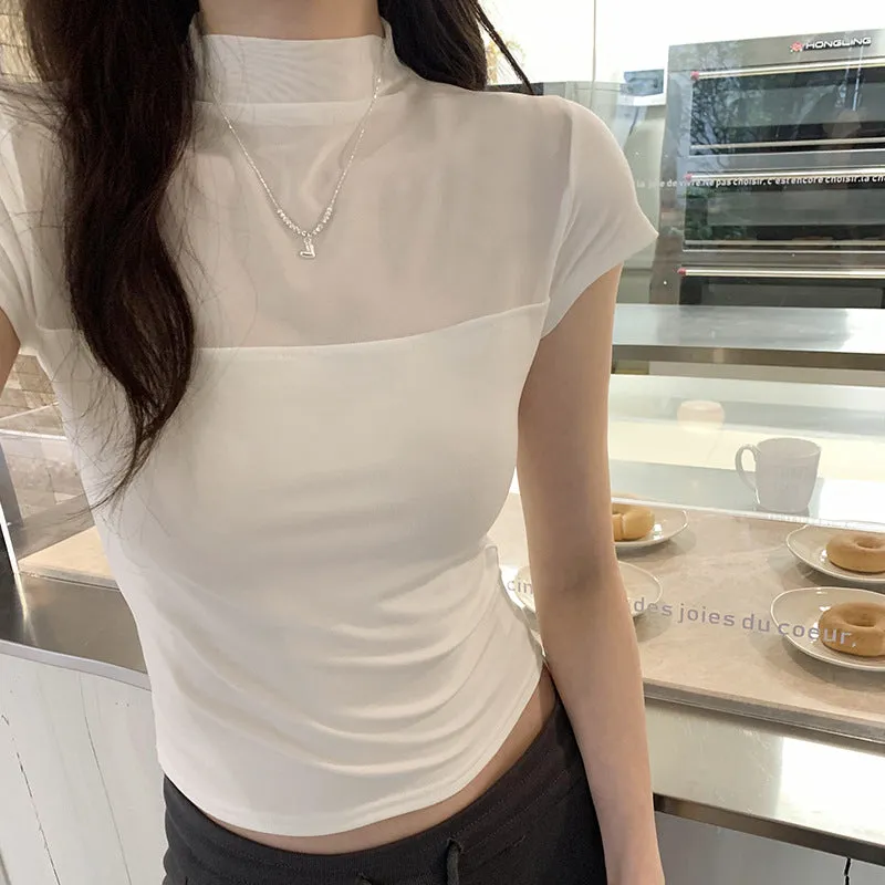 Spicy Girls Foreign Style Simple Net Gauze Spliced Half-High-Collar T-Shirt Spring And Summer New Thin Solid Color Short-Sleeved Blouse - Image 7