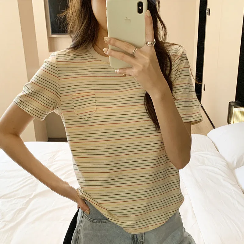 College Style Rainbow Striped Round-Neck T-Shirt Women's Summer Loose Style Vintage Blouse Design Sense Minority - Image 5