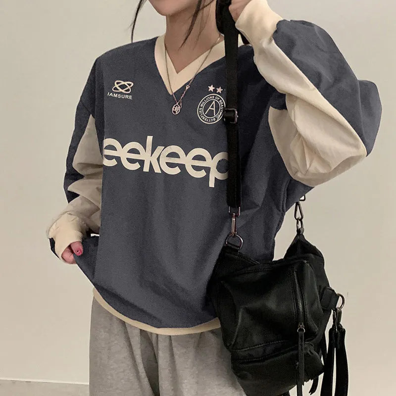 Leisure Fashion Color Letter Printed Baseball Blouse 2025 Loose V-Collar Medium And Long Woven Long-Sleeved T-Shirt In Early Autumn - Image 2