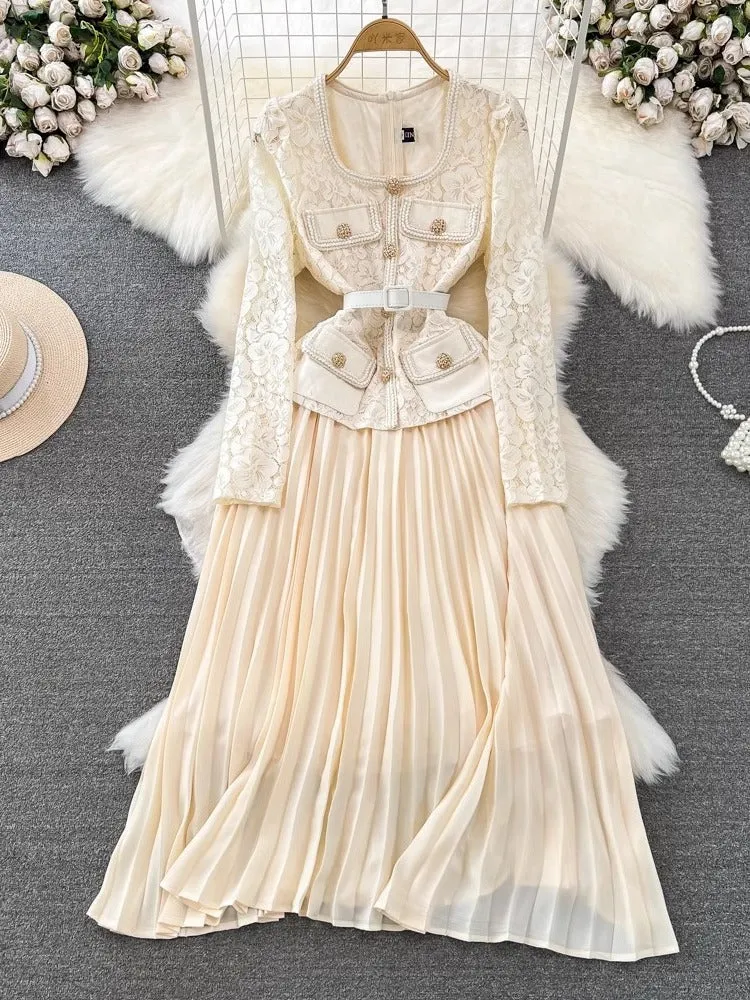 Znbbw And Autumn Korean Version Of Socialite Temperament Fake Two Long-Sleeved Square Collar Lace Receiving Waist A Large Swinging Pleated Dress - Image 6