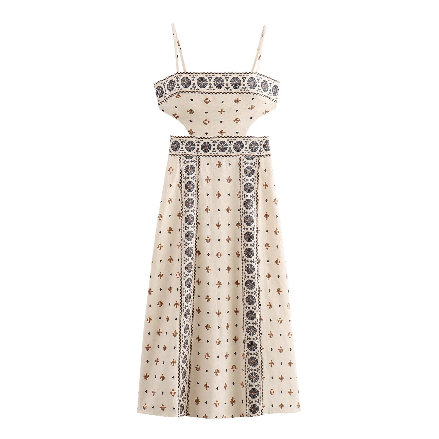 Znbbw New Summer Positioning Print Hollowed-Out Waist Sling Dress