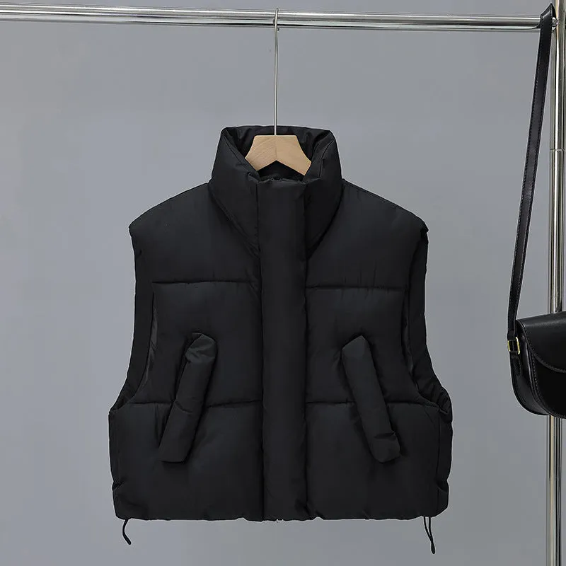 Collar Short Cotton-Padded Jacket Vest Female 2024 Autumn / Winter New Warm And Fashionable High Waist Vest Bread Suit Coat - Image 4