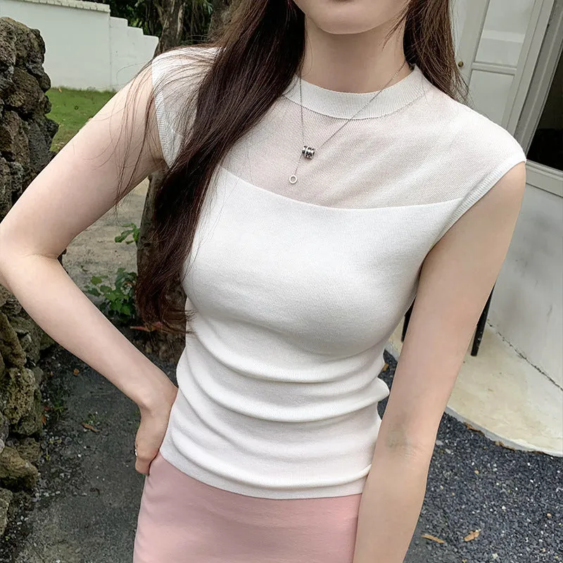 Korean Tulle Spliced Sleeveless Sweater Women's Summer 2024 New Style Slim And Gentle Blouse With Thin Temperament - Image 9
