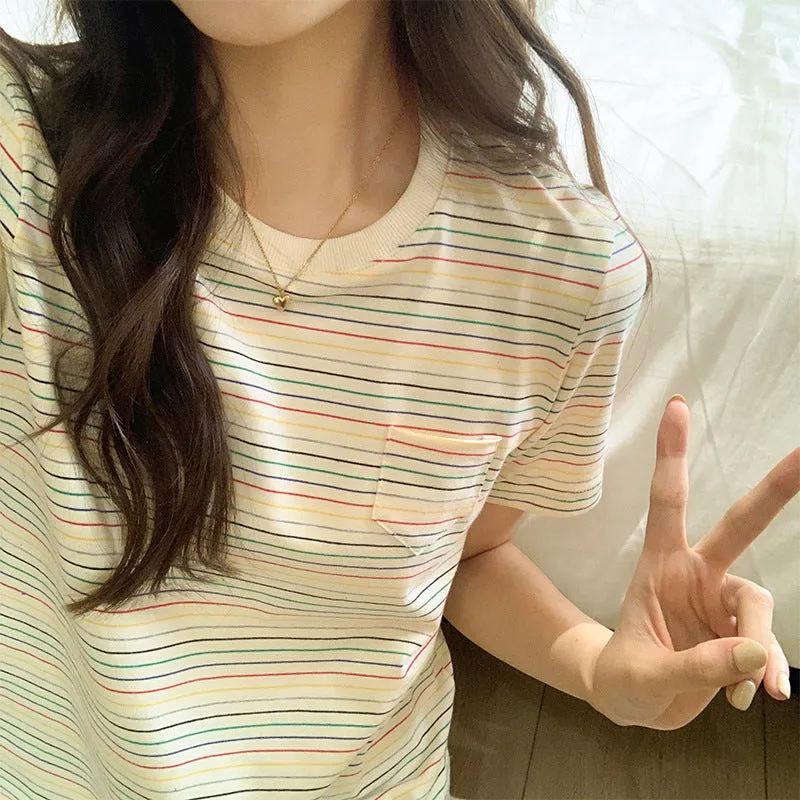 College Style Rainbow Striped Round-Neck T-Shirt Women's Summer Loose Style Vintage Blouse Design Sense Minority - Image 2