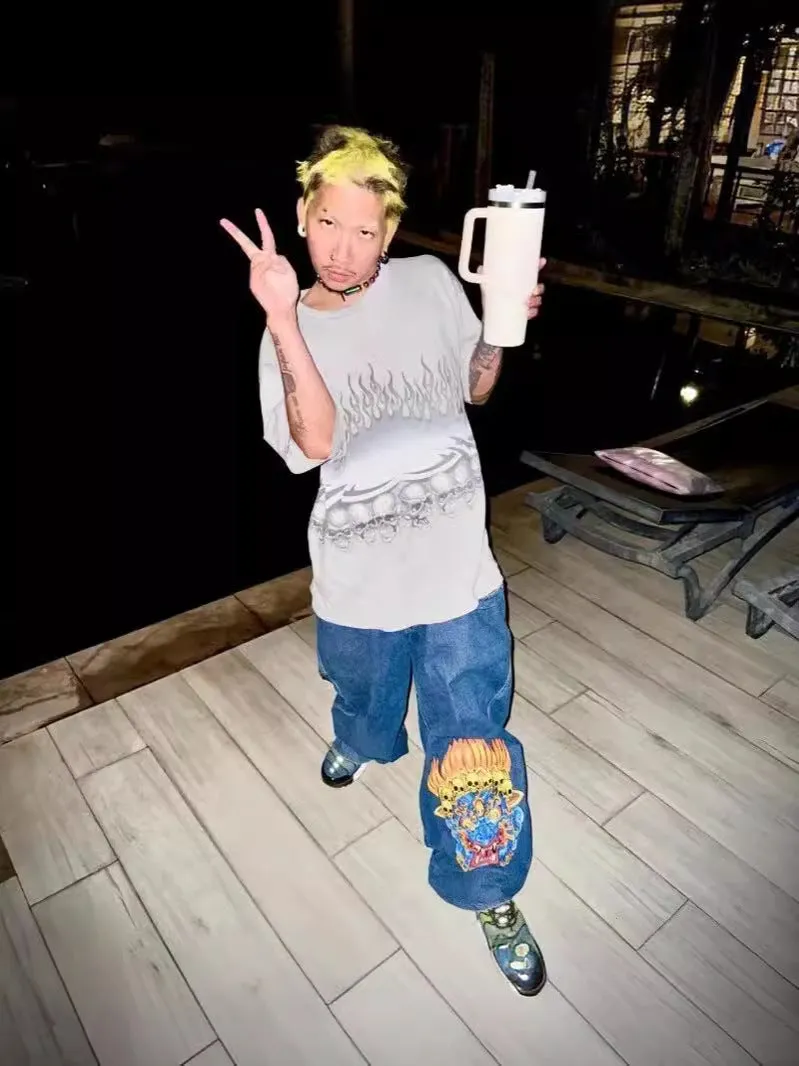 Znbbw Baggy Jeans Y2K Original Hip-Hop Vintage Pattern Jeans Street Men Rest - Image 13