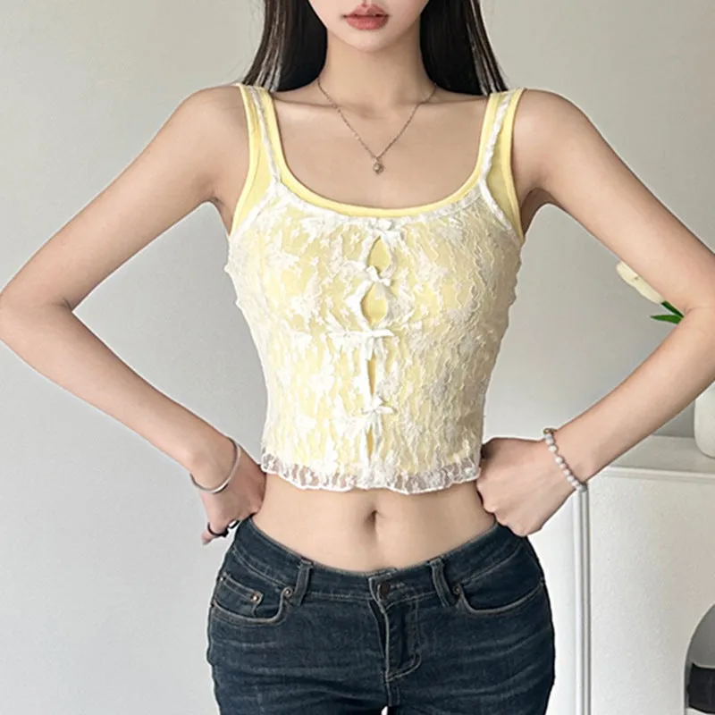 Little Fresh Girl Lace Splicing Yellow Bow Harness Dopamine Pure Desire To Fold And Wear A Two-Piece Set - Image 2