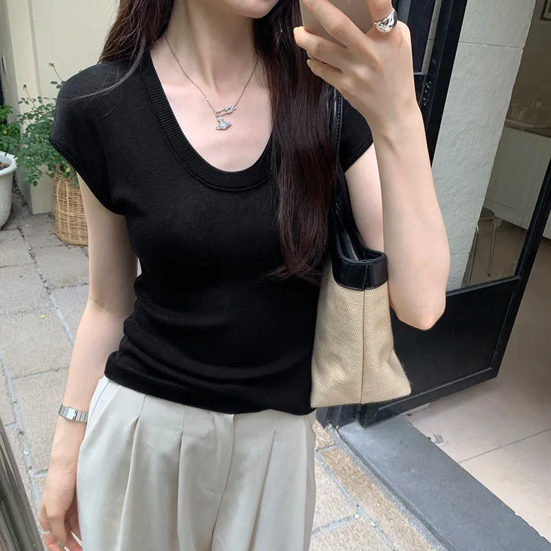 Basic Solid Color U-Collar Short-Sleeved T-Shirt Women's New Springy Slim, Simple And Easy To Wear In Summer - Image 4