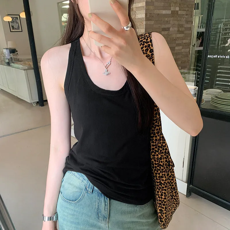 Korean Version Of Solid Color Sling Vest Women's Summer New Design Sense Slim Thin Style Outside Wear Bottom Short Jacket - Image 5
