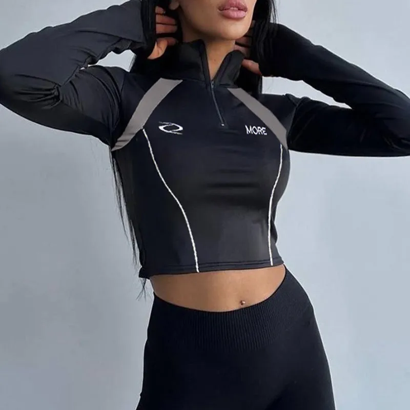 Sweet And Hot Wind Impact Color Zipper Stitching Standing Collar Trimming Tooling Machine Can Long-Sleeved T-Shirt Blouse 2024 Cool Women's Wear - Image 3