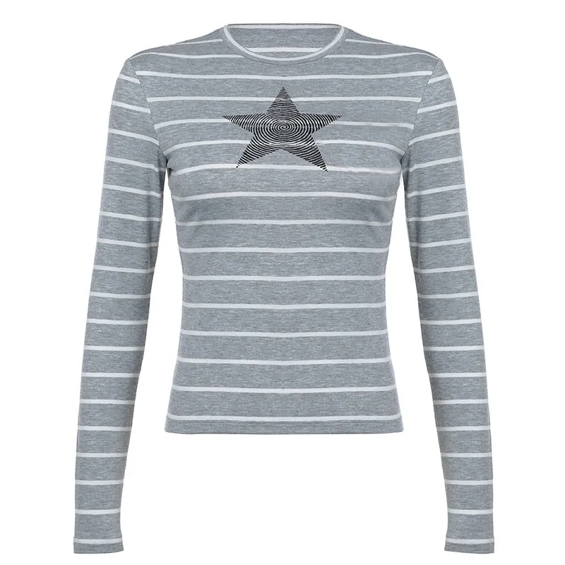 Street Striped Five-Pointed Star Leisure T-Shirt Women's Autumn Daily Simple Commuter Star Hit Color Long-Sleeved Blouse - Image 2