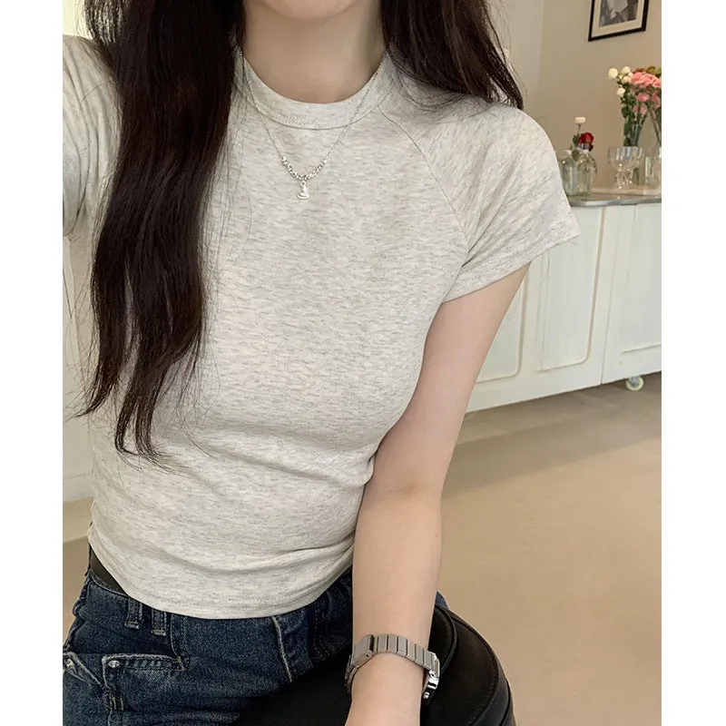 Basic T-Shirt With Shoulder, Round Neck And Short Sleeves, New Slim, High-Waisted, Short-Color Blouse For Women In Spring And Summer - Image 5