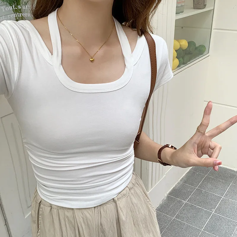 Pure Desire Hot Girls Design Sense To Hang Neck U-Collar Short-Sleeved T-Shirt Summer New Style Waist Shows Slim All Kinds Of Short Style Blouse Trend - Image 5