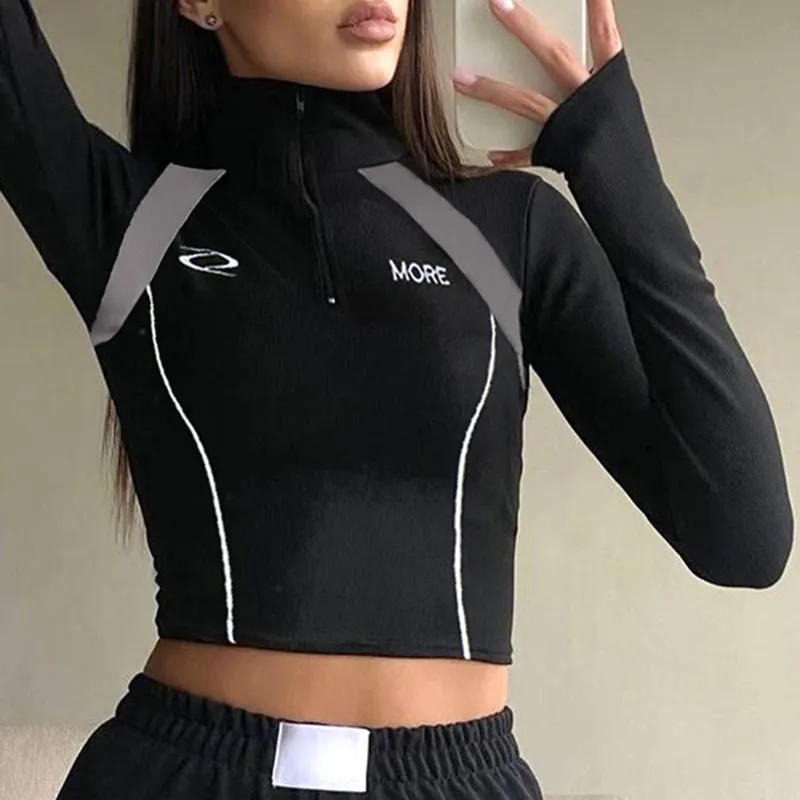 Sweet And Hot Wind Impact Color Zipper Stitching Standing Collar Trimming Tooling Machine Can Long-Sleeved T-Shirt Blouse 2024 Cool Women's Wear - Image 2