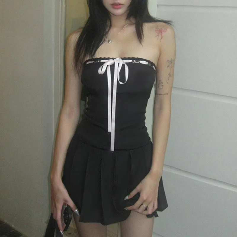 French Design Color Tie Bow To Wipe The Breast Skirt With The Word Collar Waist Show Thin Pleated Skirt Dress Woman - Image 5