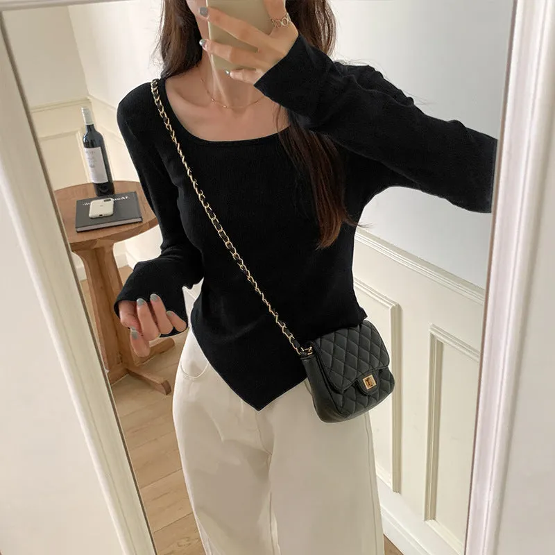 Znbbw Autumn Long-Sleeved T-Shirt Female Solid Color Leaking Clavicle Square Collar Positive Shoulder Design Irregular Bottomed Shirt Inside Jacket - Image 2