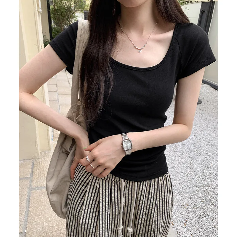 White U-Collar Slim Shoulder Short T-Shirt Women 2024 Summer New Style Short Short-Sleeved Blouse Trend - Image 2