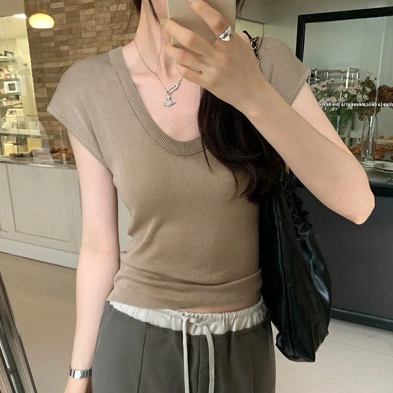 Basic Solid Color U-Collar Short-Sleeved T-Shirt Women's New Springy Slim, Simple And Easy To Wear In Summer - Image 3