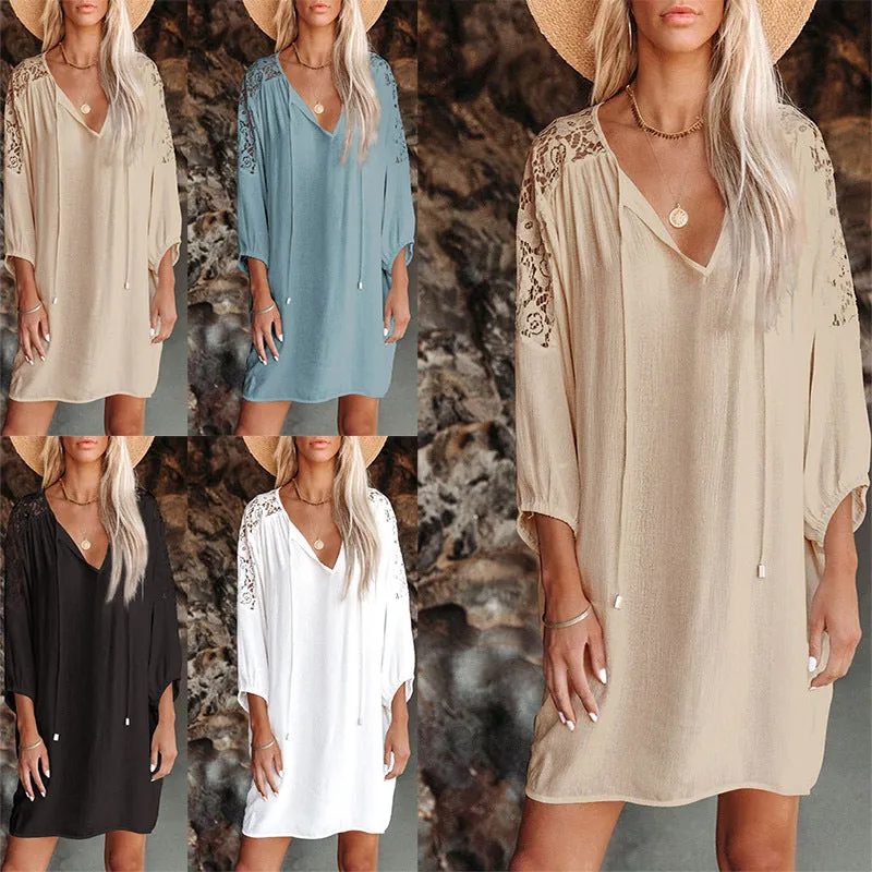 Znbbw Women's Wear Ins Popular Pleated Split Neckline Lace Shoulder-Back Beach Skirt - Image 6