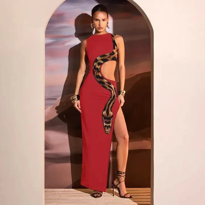 Znbbw Snake Printed Waist Hollow Out Long Dress Women Sexy O Neck Sleeveless High Split Slim Robes 2024 Lady Party Night Gowns - Image 9