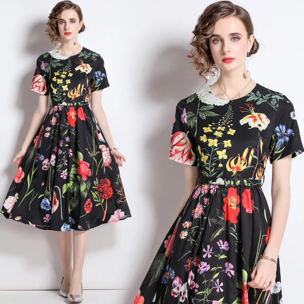 Znbbw 2023 Summer Runway O-Neck Short Sleeve Midi Dress Women Floral Print Office Lady Work One Piece Dress with Belt - Image 2