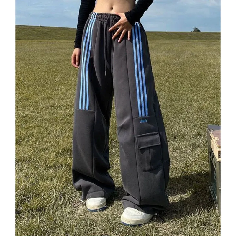 Znbbw Women Streetwear Sweatpants American Retro Striped Loose Wide Leg Pants Casual Female Large Pocket Cargo Trousers New - Image 7