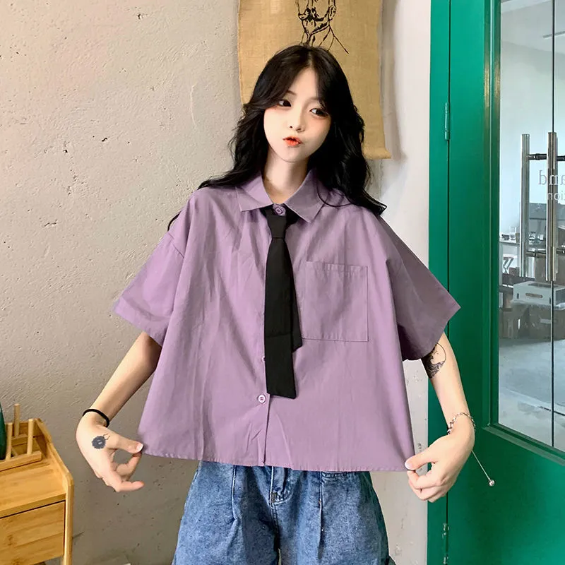 Znbbw Women Shirts Blouse Summer Oversized Blouses Short Sleeve Short Shirt Preppy Style White Cropped Students JK Uniform - Image 4