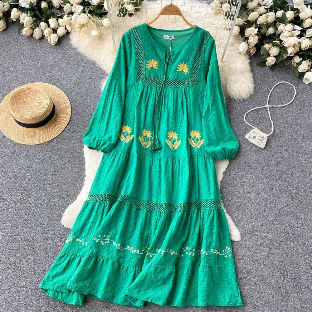 Znbbw Autum New Bohemian Holiday Style V Neck Dress Female Puff Sleeves Loose Large Version Mid-length Vestidos Women D1331 - Image 5