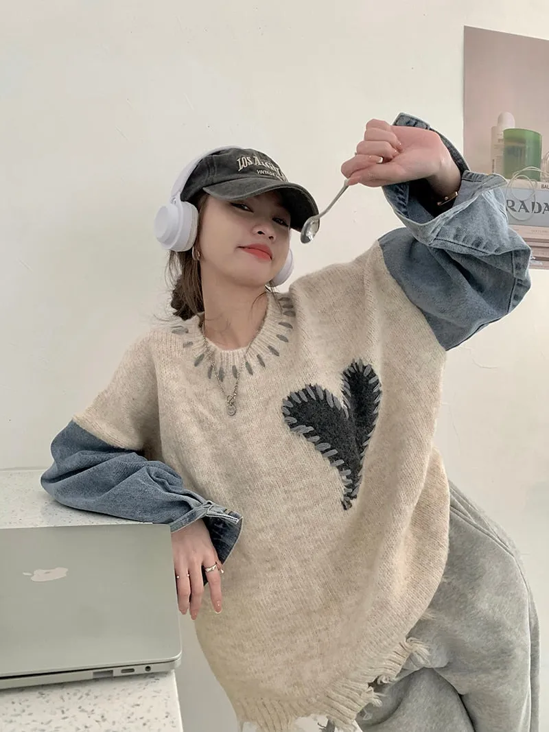 znbbw Autumn Winter Women Denim Patchwork Sweater Long Sleeve O-Neck Heart Pattern Knitted Pullovers Loose Stitching Sweatshirt - Image 5