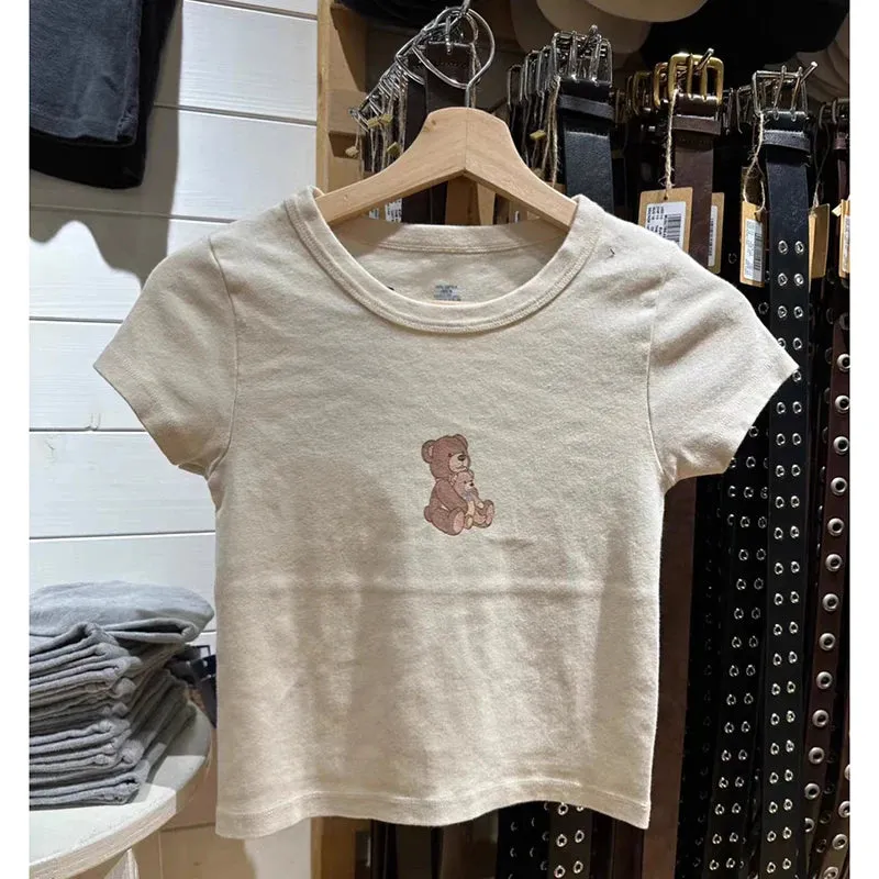 Znbbw Angel Print Slim Tees Women Summer O Neck Cotton Streetwear Short Sleeve Tees Beige Harajuku Vintage Cute Crop Top Y2k - Image 3