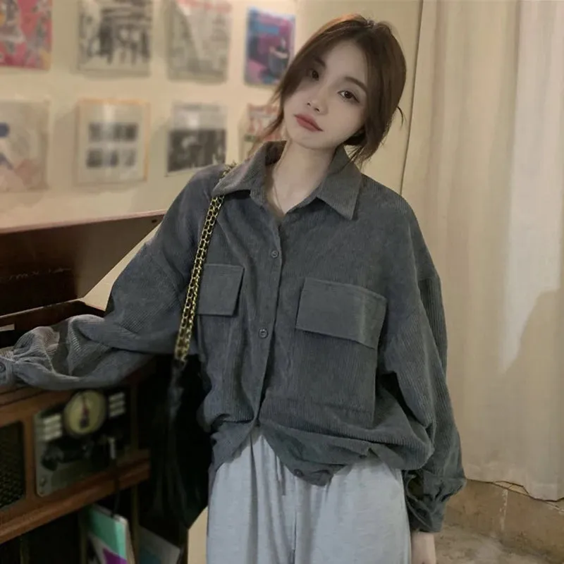 Znbbw Women's shirt Loose fitting Versatile Corduroy Retro Women's top Thickened Shirt Jacket - Image 6